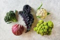 Cabbage of different varieties on a light background, cauliflower, radicchio, broccoli, Kale