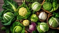 Cabbage of different varieties and types, flatlay vegetables, a banner filled with products