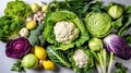 Cabbage of different varieties and types, flatlay vegetables, a banner filled with products