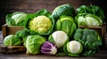 Cabbage of different varieties and types, flatlay vegetables, a banner filled with products Royalty Free Stock Photo