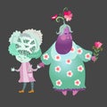 Cabbage and eggplant isolated on black background. Stylized grandma with child.