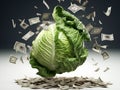 Cabbage with falling dollar banknotes. Financial concept. 3D Rendering.