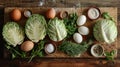 Cabbage heads, eggs, and herbs laid out on a wooden surface