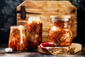 Cabbage kimchi glass jar. Korean traditional cuisine. Fermented food Royalty Free Stock Photo