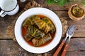 Cabbage leaves stuffed with rice, minced meat in tomato sauce. Royalty Free Stock Photo