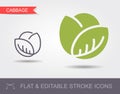 Cabbage. Line icon with editable stroke with shadow and flat icon