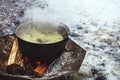 Cabbage with meat cooking in a cauldron on open fire during a festival Royalty Free Stock Photo