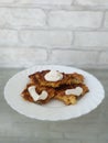 cabbage pancakes on a brick background Royalty Free Stock Photo