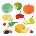 Cabbage, pumpkin, broccoli, melon, greens, cherry, apples, pear, dried fruits, Royalty Free Stock Photo