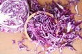 Cabbage purple - Shredded red cabbage slice in a wooden bowl top view