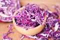 Cabbage purple - Shredded red cabbage slice in a wooden bowl top view