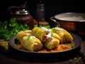 Cabbage Rolls with Mashed Potatoes, Cabbage Rolls Stuffed with Ground Meat and Rice Royalty Free Stock Photo