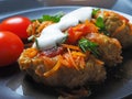 Cabbage rolls with meat, rice and vegetables. Stuffed Peking cabbage leaves with meat, in tomato sauce, on a black plate Royalty Free Stock Photo