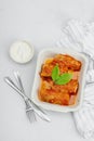 Cabbage rolls stuffed with rice and meat stewed in tomato sauce. Traditional dish, ready-to-eat food Royalty Free Stock Photo