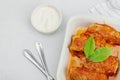 Cabbage rolls stuffed with rice and meat stewed in tomato sauce. Traditional dish, ready-to-eat food Royalty Free Stock Photo