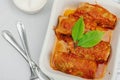 Cabbage rolls stuffed with rice and meat stewed in tomato sauce. Traditional dish, ready-to-eat food Royalty Free Stock Photo