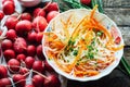 Cabbage salad. cabbage salad with sweet carrot, radish, bow in