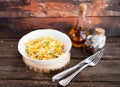 Cabbage salad on an old wooden background