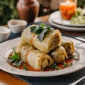 Cabbage wrapped in minced meat with porridge, a Ukrainian dish in a cafe.