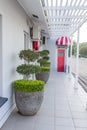Caberet theatre entrance with topiary trees in pots in Swellendam, Western Cape, South Africa