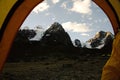 Cabeza del Condor mountains seen from basecamp inside tent