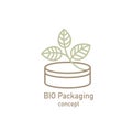 Cabilock Round Wooden Box with green leaf icon. Biodegradable, compostable. Eco friendly material production. Nature protection