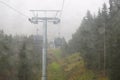 Cabin of Cable car lift arrive to top of the mountain with place of rest, restaurant and hotel in foggy day. Dolomites, Italy Royalty Free Stock Photo