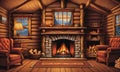 Cabin Coziness: A Rustic Fireplace, Logs, and a Window with Nature\'s Vista Royalty Free Stock Photo