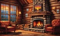 Cabin Coziness: A Rustic Fireplace, Logs, and a Window with Nature\'s Vista Royalty Free Stock Photo