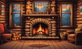 Cabin Coziness: A Rustic Fireplace, Logs, and a Window with Nature\'s Vista Royalty Free Stock Photo