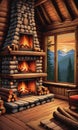 Cabin Coziness: A Rustic Fireplace, Logs, and a Window with Nature\'s Vista Royalty Free Stock Photo