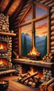 Cabin Coziness: A Rustic Fireplace, Logs, and a Window with Nature\'s Vista Royalty Free Stock Photo