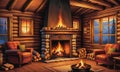 Cabin Coziness: A Rustic Fireplace, Logs, and a Window with Nature\'s Vista Royalty Free Stock Photo