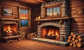 Cabin Coziness: A Rustic Fireplace, Logs, and a Window with Nature\'s Vista Royalty Free Stock Photo