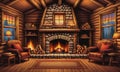 Cabin Coziness: A Rustic Fireplace, Logs, and a Window with Nature\'s Vista Royalty Free Stock Photo