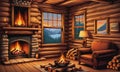 Cabin Coziness: A Rustic Fireplace, Logs, and a Window with Nature\'s Vista Royalty Free Stock Photo