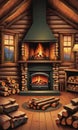 Cabin Coziness: A Rustic Fireplace, Logs, and a Window with Nature\'s Vista Royalty Free Stock Photo