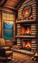 Cabin Coziness: A Rustic Fireplace, Logs, and a Window with Nature\'s Vista