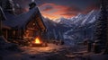 a cabin with a fire pit in the snow Royalty Free Stock Photo