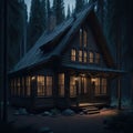 Cabin House Exterior, Wood Log Walls, Large Windows, Deep Mountain Woods, Soft Warm Light From Windows, Night, Generative Ai Royalty Free Stock Photo