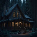 Cabin House Exterior, Wood Log Walls, Large Windows, Deep Mountain Woods, Soft Warm Light From Windows, Night, Generative Ai Royalty Free Stock Photo