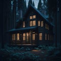 Cabin House Exterior, Wood Log Walls, Large Windows, Deep Mountain Woods, Soft Warm Light From Windows, Night, Generative Ai Royalty Free Stock Photo