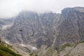 Cabin lift to the mountain. Mountain landscape in High Tatry. Chairlift at the ski resort in a cloud. Ski lift, cable car cabin in