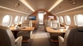 Cabin of luxury private jet. Empty aircraft with white leather chairs. Royalty Free Stock Photo