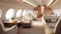 Cabin of luxury private jet. Empty aircraft with white leather chairs. Royalty Free Stock Photo