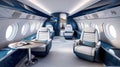 Cabin of luxury private jet. Empty aircraft with white leather chairs. Royalty Free Stock Photo