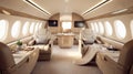 Cabin of luxury private jet. Empty aircraft with white leather chairs. Royalty Free Stock Photo