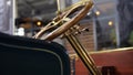 Cabin of luxury retro car with a wooden polished wheel. Media. Close up of an old retro vehicle at the classic auto Royalty Free Stock Photo