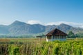 A cabin in the middle of the farm with beautiful mountain views Royalty Free Stock Photo
