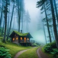 A cabin in the middle of a forest with fog and trees on the mountain side and a foggy sky above with a path leading to a Royalty Free Stock Photo